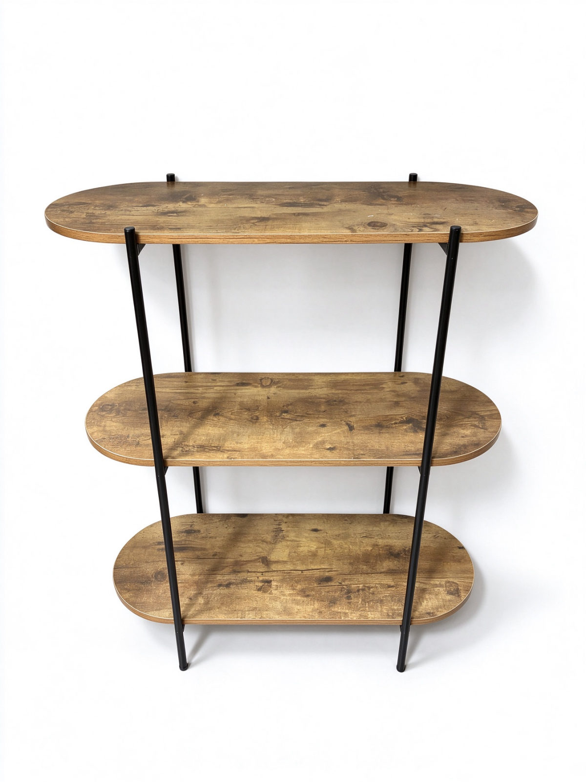 3-Tier Oval Wood Display Shelf with Black Metal Frame – Open Storage Rack for Living Room and Entryway - Dorishome