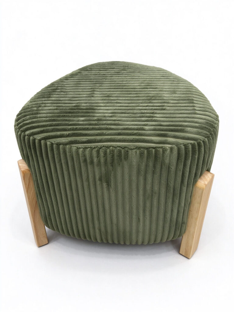 Corduroy Ottoman with Wooden Legs – Green Ribbed Pouf Footstool with Splayed Wood Legs - - 1