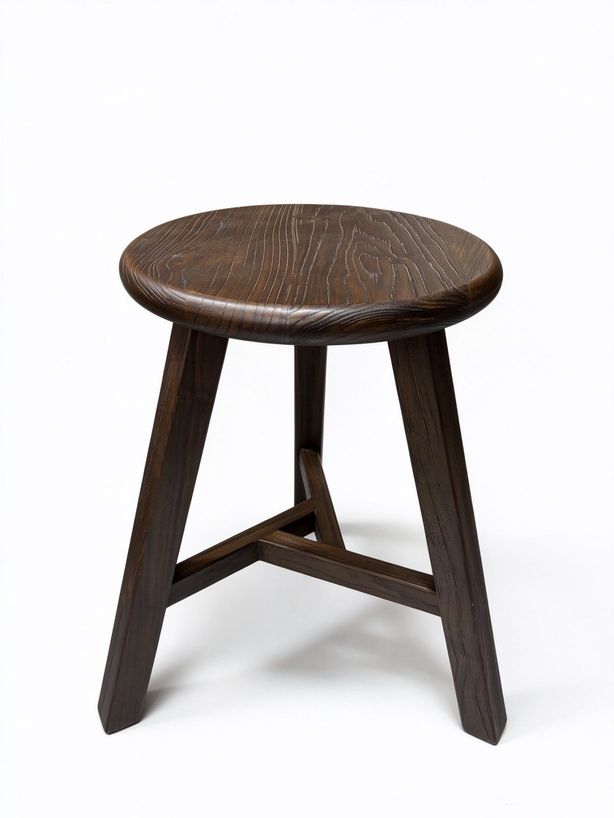 Dark Wood Round Stool – 3-Leg Walnut-Tone Wooden Footrest and Side Seat with Ring Stretcher - Dorishome