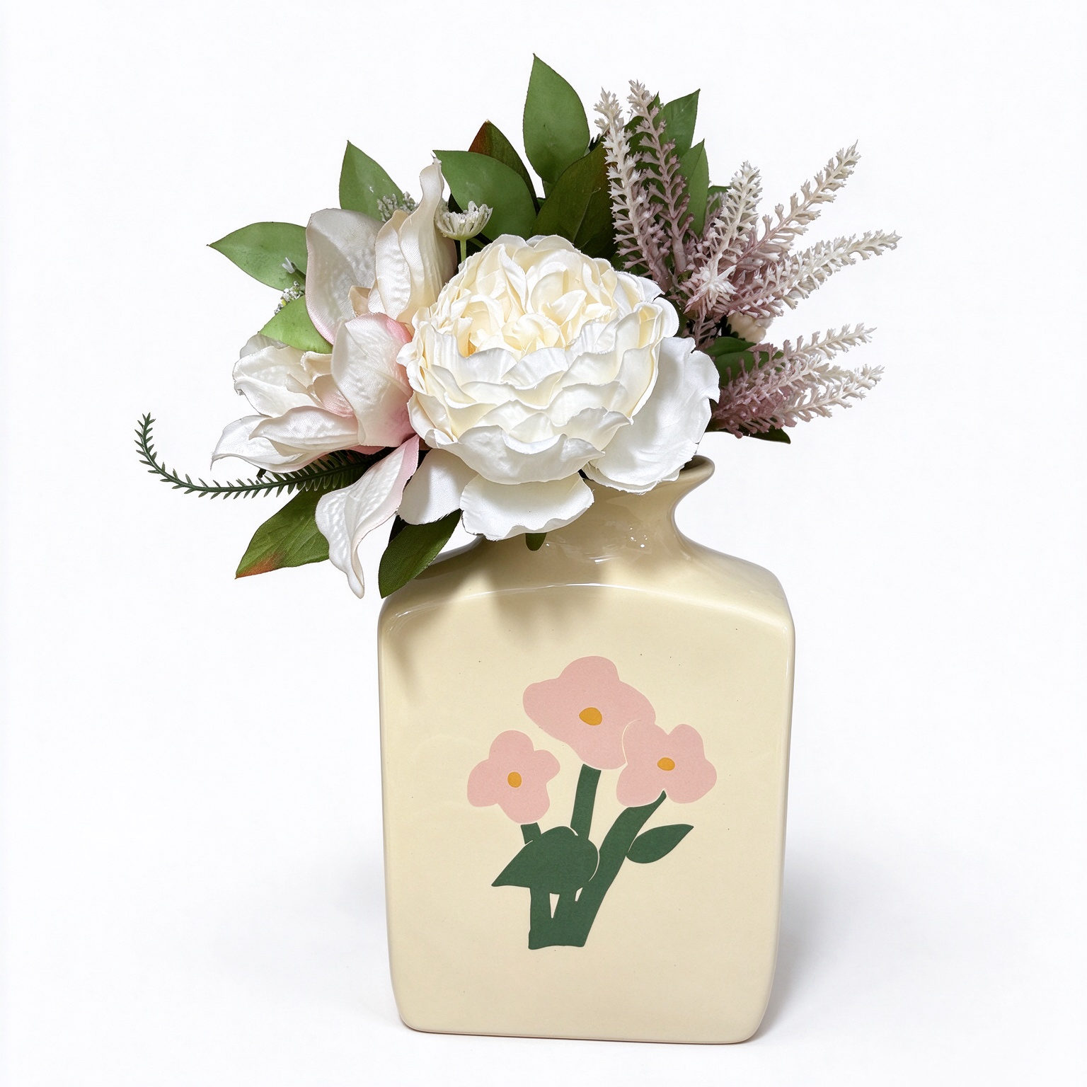 Floral Print Ceramic Bottle Vase - Cream Square Bottle Vase with Pink Blossom Decal for Entryway, Mantel and Home Decor - Dorishome