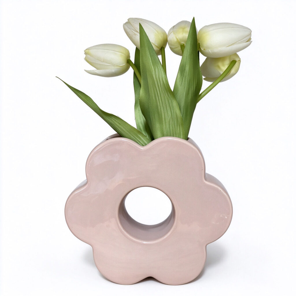 Flower Donut Ceramic Vase - Glossy Blush Daisy-Shaped Vase with Cutout for Modern Table Decor and Stylish Centerpiece -  - 1