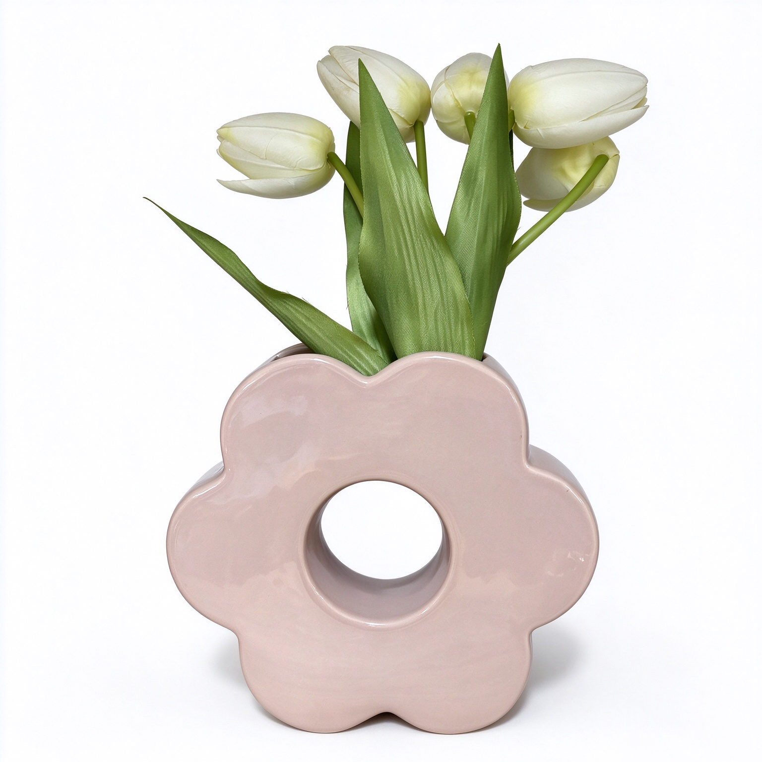 Flower Donut Ceramic Vase - Glossy Blush Daisy-Shaped Vase with Cutout for Modern Table Decor and Stylish Centerpiece - Dorishome