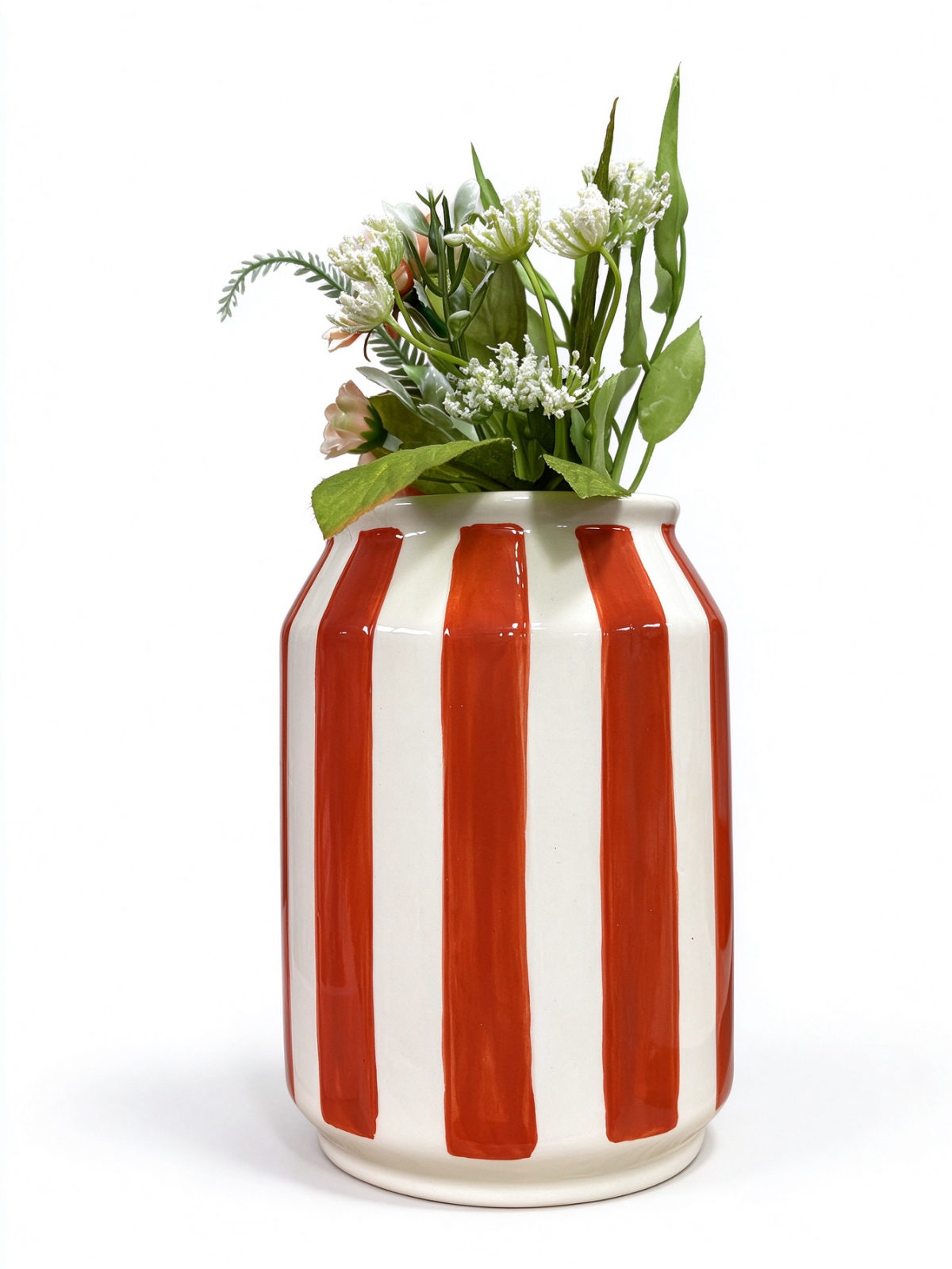 Hand-Painted Striped Ceramic Jar Vase - Glossy White & Orange-Red Table Vase for Fresh Flowers, Centerpiece and Home Decor - Dorishome