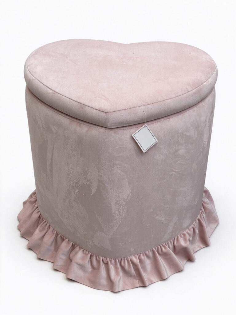 Heart-Shaped Storage Ottoman – Pink Suede-Upholstered Footstool with Lift-Off Lid and Ruffle Skirt -  - 1