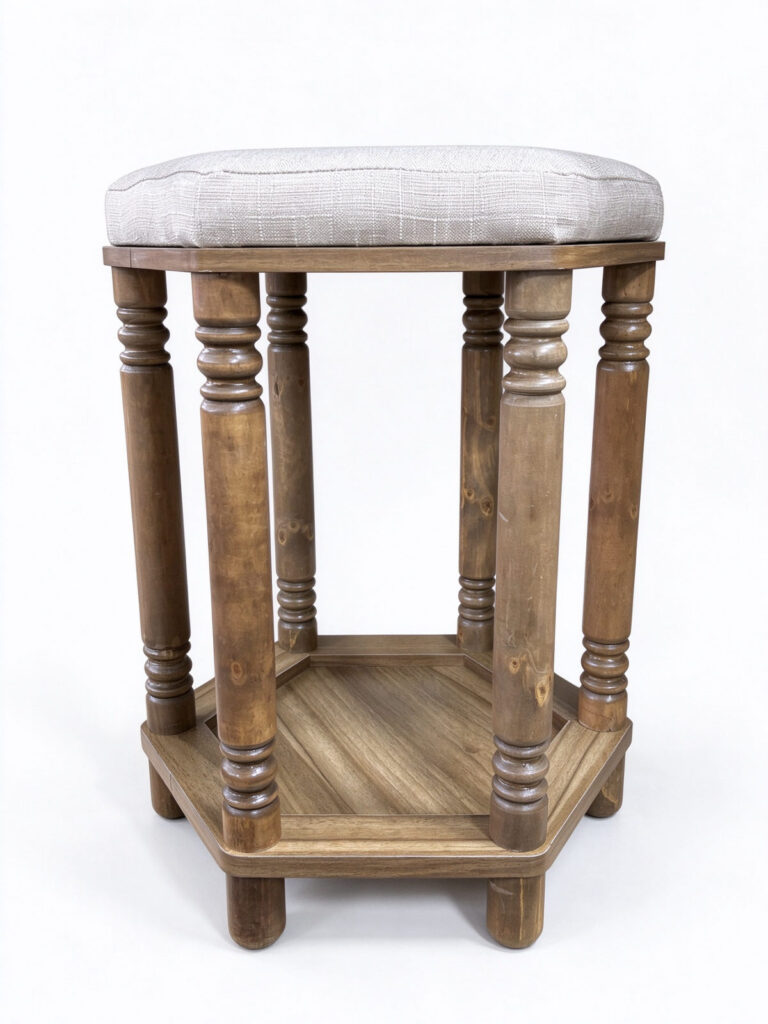 Hexagon Wooden Vanity Stool – Linen-Cushioned Footstool with Turned Legs and Storage Shelf