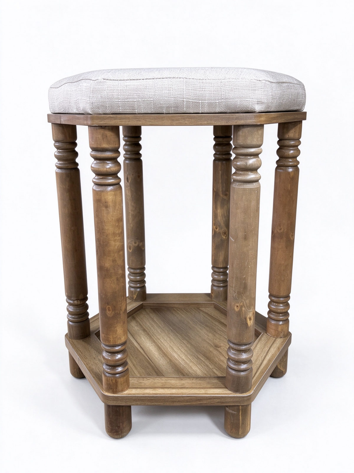 Hexagon Wooden Vanity Stool – Linen-Cushioned Footstool with Turned Legs and Storage Shelf - Dorishome