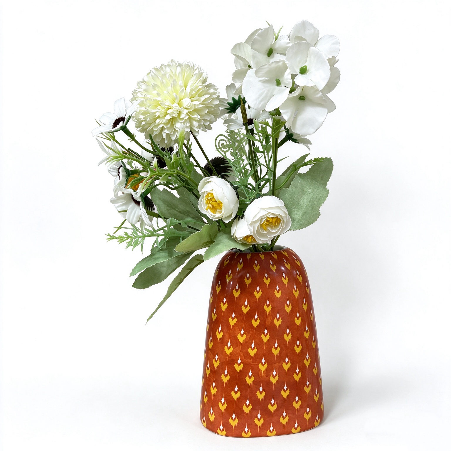 Ikat Pattern Terracotta Vase - Tapered Orange Table Vase with Yellow Ikat Print for Fresh or Dried Flowers and Home Decor - Dorishome