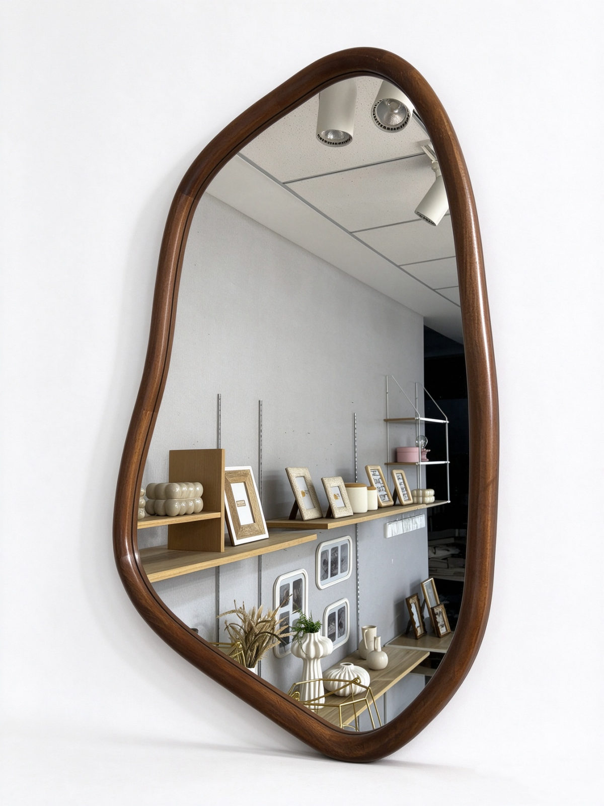 Large Irregular Wall Mirror with Smooth Walnut Brown Wooden Frame for Bedroom and Hallway - Dorishome