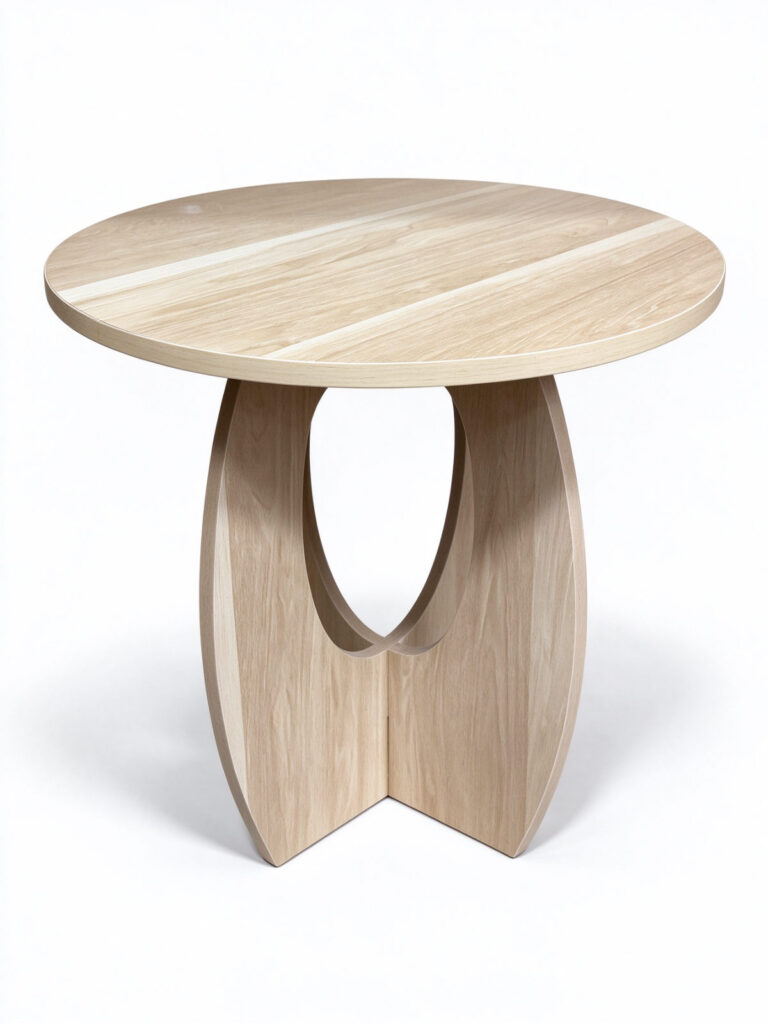 Light Oak Round Pedestal Side Table with Curved Wooden Base – Scandinavian End Table | dorishome