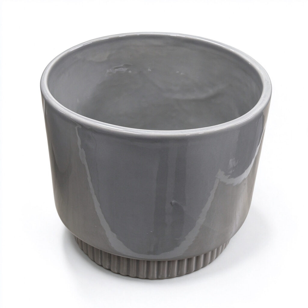 Ribbed Base Ceramic Planter Pot - Glossy Gray Cylinder Flower Pot with Fluted Foot for Plants and Indoor Decor -  - 1