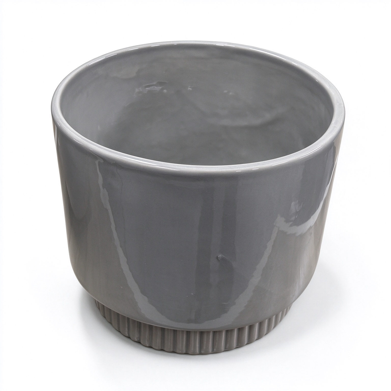 Ribbed Base Ceramic Planter Pot - Glossy Gray Cylinder Flower Pot with Fluted Foot for Plants and Indoor Decor - Dorishome