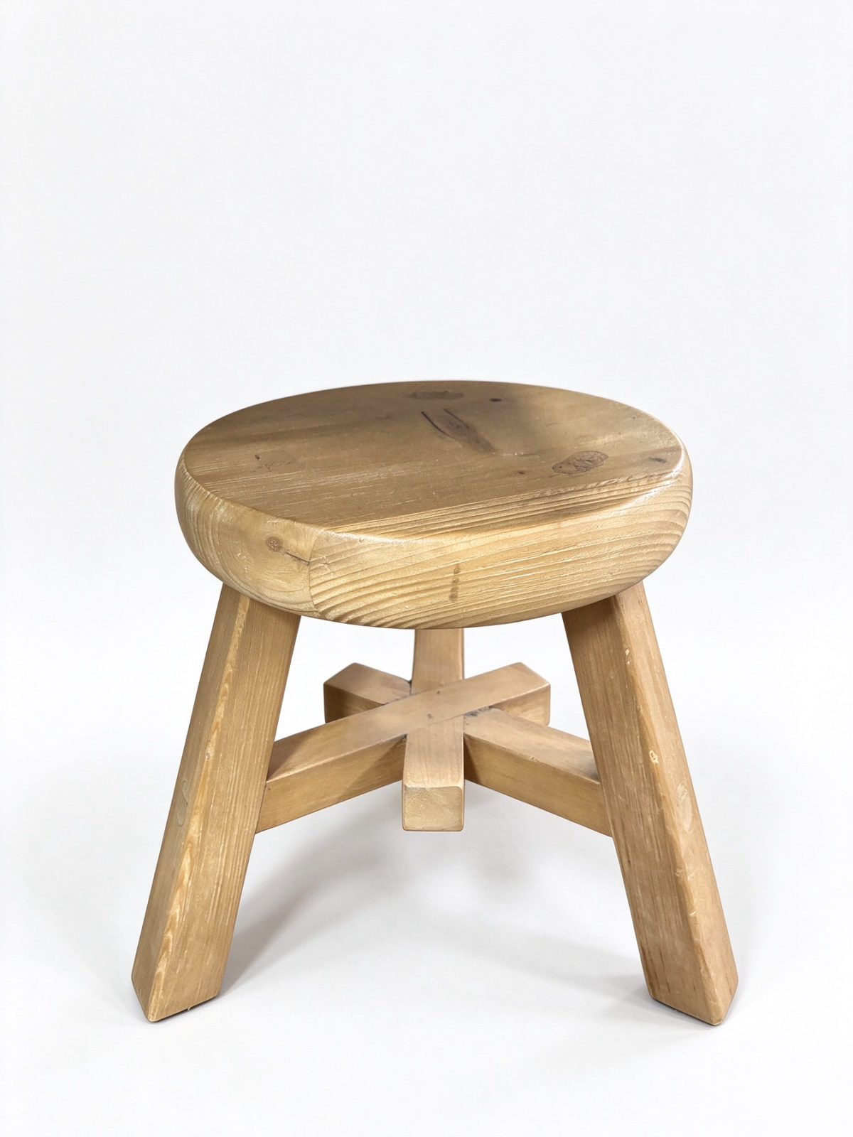 Round Pine Stool – Natural Solid Wood Footrest and Side Seat with Cross Stretcher - Dorishome