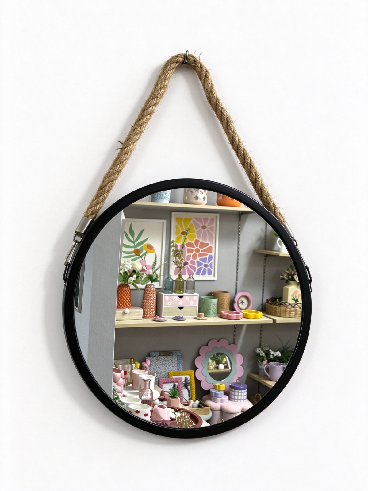 Black Round Metal Wall Mirror with Natural Jute Rope Strap for Entryway and Farmhouse Decor - Dorishome