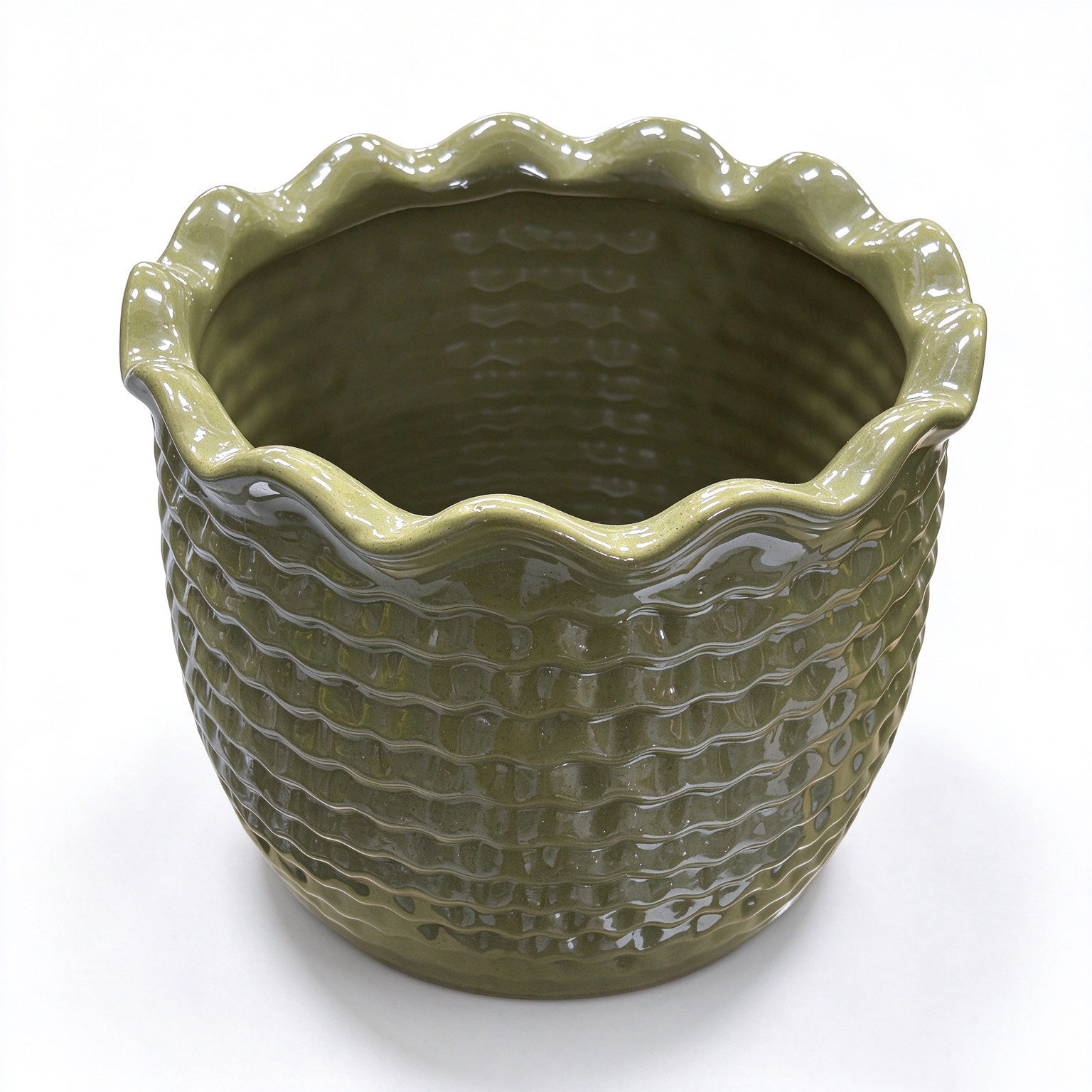Ruffled Rim Ceramic Planter Pot - Olive Green Wavy Rim Flower Pot with Basketweave Texture for Plants and Floral Displays - Dorishome
