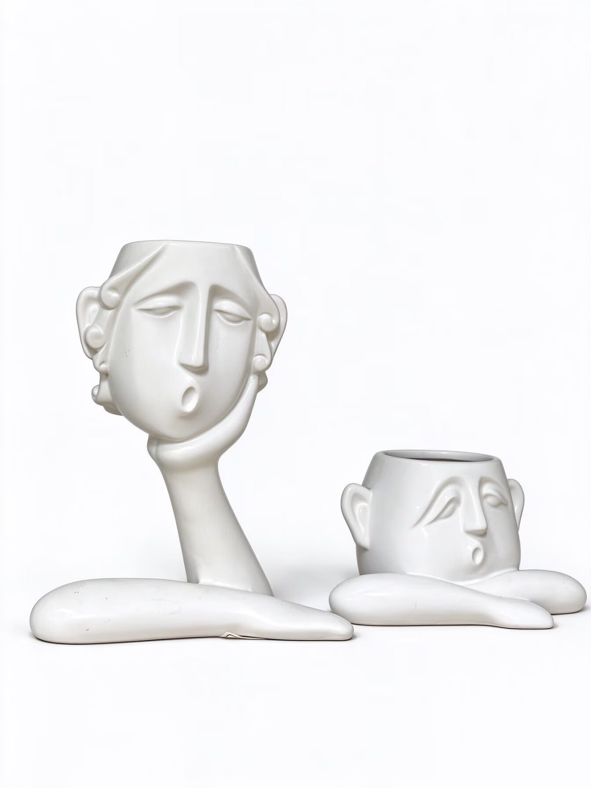 Surreal Face Vase Set - White Glossy Ceramic Head Planter for Home Decor and Flower Display - Dorishome