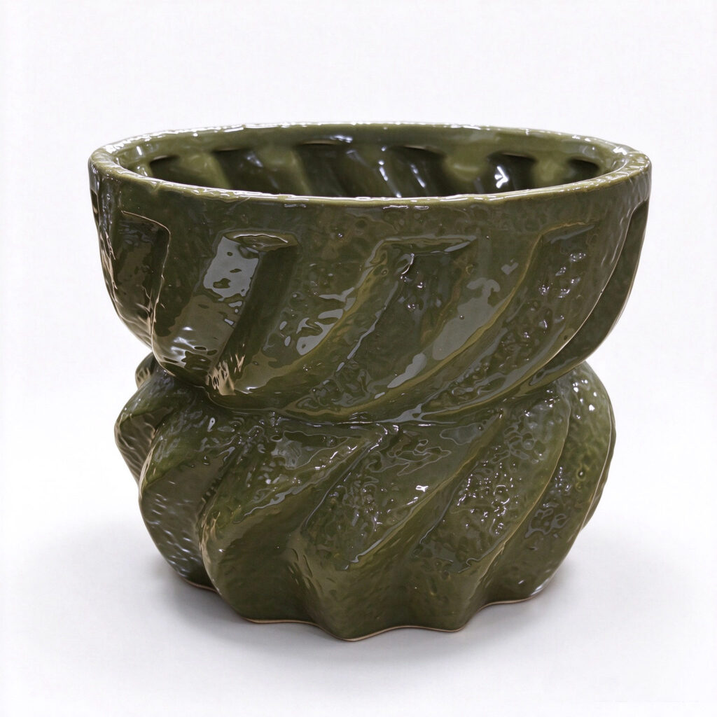 Swirl Textured Ceramic Planter Pot - Olive Green Spiral Glazed Cover Pot for Plants, Centerpiece and Indoor Garden Decor -  - 1