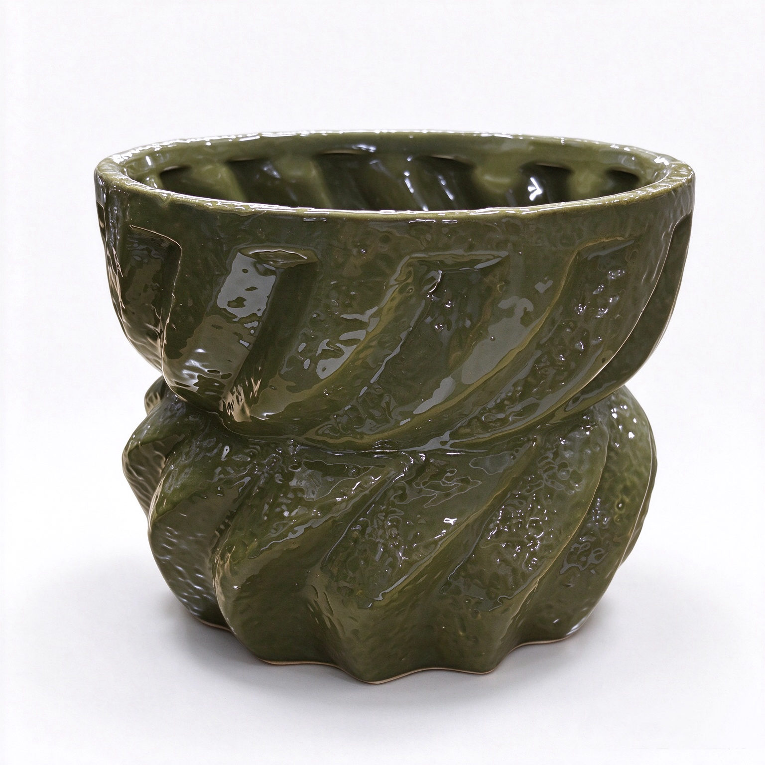 Swirl Textured Ceramic Planter Pot - Olive Green Spiral Glazed Cover Pot for Plants, Centerpiece and Indoor Garden Decor - Dorishome