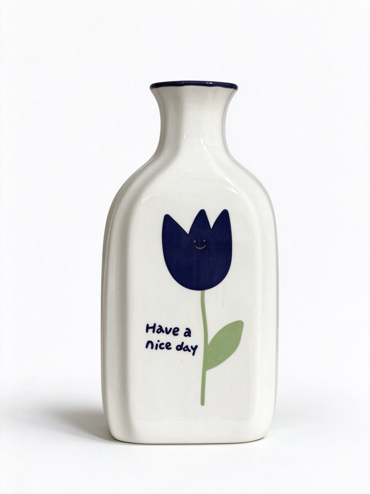 Tulip Print Ceramic Bottle Vase - White Square Bottle Vase with Navy Tulip Design for Bedside Decor, Gifting and Retail Displays - Dorishome