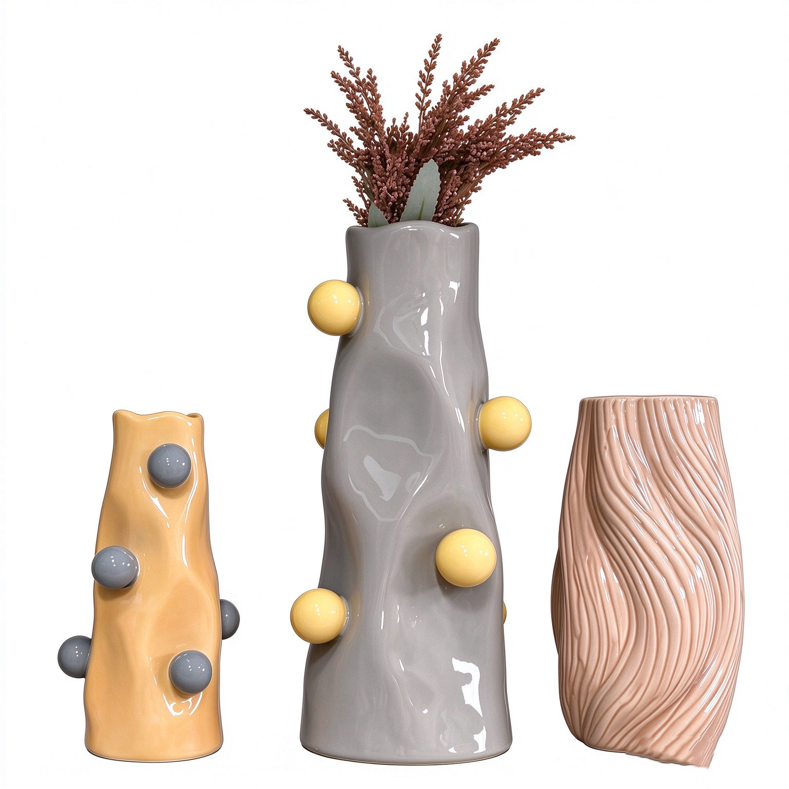 Twisted Bubble Ceramic Floor Vase Set of 3 - Sculptural Tall Vases with Glossy Bubble Accents for Entryway, Living Room and Hotel Decor - Dorishome