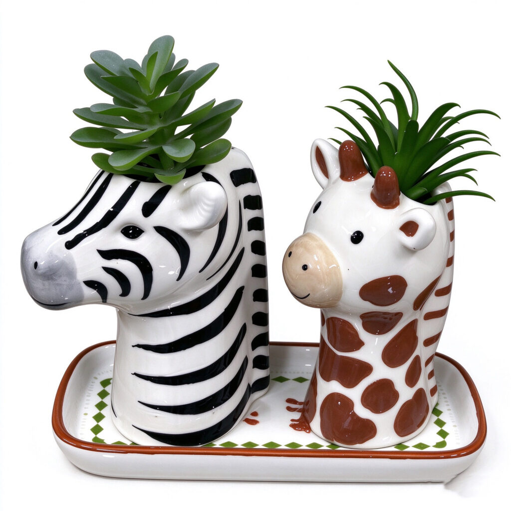 Zebra Giraffe Ceramic Planter Set - Animal Head Succulent Pots with Tray for Desk Decor, Kids' Rooms and Gift Programs